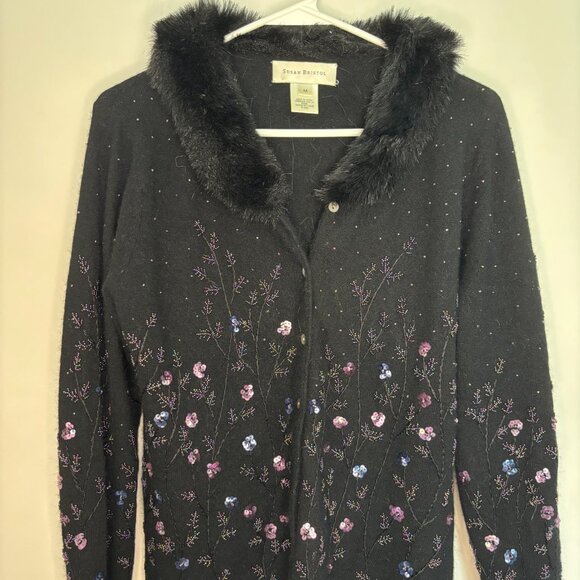 SUSAN BRISTAL LAMBSWOOL ANGORA Button Up Cardigan Women M Black Sequins Faux Fur - Picture 1 of 8